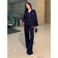 批发韩版时尚休闲<b class='q'>运动</b>套装女春季<b class='q'>新款</b>宽松半拉链卫衣阔腿裤跑步两件套
