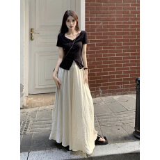 批发纯欲风套装女黑色开叉<b class='q'>V领</b>短袖<b class='q'>T</b><b class='q'>恤</b>夏季高腰阔腿裤长裙裤休闲两件套