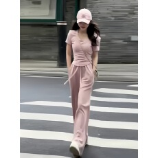 批发粉色<b class='q'>运动</b>套装女夏休闲2026网红炸街时尚减龄收腰短袖阔腿裤两件套