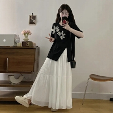 批发大码立体<b class='q'>花朵</b>开叉短袖<b class='q'>T</b><b class='q'>恤</b>女2026夏百褶显瘦半身裙气质两件套