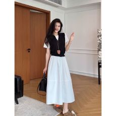 批发<b class='q'>大码</b>时尚套装假两件短袖上衣半裙两件套女胖mm夏季显瘦穿搭一整套