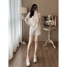 批发白色<b class='q'>运动</b>休闲套装女夏季时尚减龄洋气炸街镂空蕾丝短袖短裤两件套