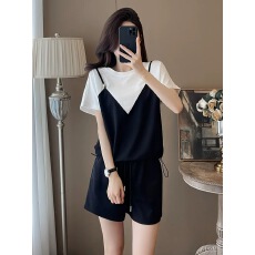 批发盐系穿搭休闲<b class='q'>运动</b>套装女夏洋气减龄假两件吊带短袖高腰短裤两件套