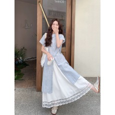 批发蓝色休闲显瘦条纹衬衫裙<b class='q'>白色</b>蕾丝拼接雪纺半身裙叠穿两件套女夏新