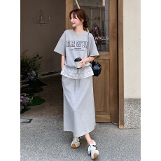 批发灰色蕾丝拼接字母短袖t恤<b class='q'>套装</b>裙女夏季2026新款休闲半身裙两件套