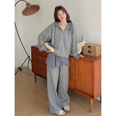 批发灰色假两件卫衣套装女连帽2026秋季新款慵懒松弛感休闲长裤两件套