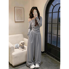批发韩系斜领不规则长袖上衣<b class='q'>套装</b>女时尚新款气质显瘦高腰阔腿裤两件套