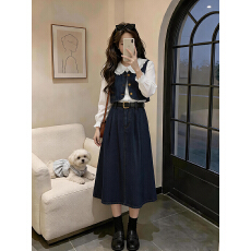 批发复古港风chic<b class='q'>牛仔</b>套装裙女秋学院娃娃领衬衫马甲外套长裙三件套