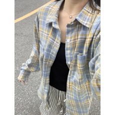 批发美式复古磨毛<b class='q'>格子衬衫</b>长袖黄色格纹衬衣双口袋【实价】