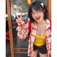 批发【原版1：1适合品质店】彩色红蓝橙色<b class='q'>格子衬衫</b>长袖衬衣多巴胺甜美