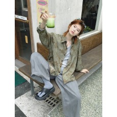 批发适合品质店铺/绿色碎花长袖衬衫女慵懒风<b class='q'>外套</b>