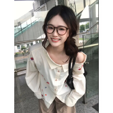 批发原版1:1 /适合直播品质店/条纹斜肩衬衫宽松印花衬衣露肩设计感