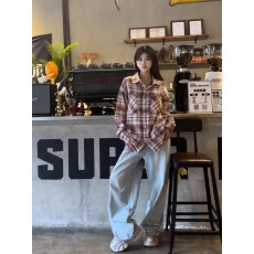 批发美式复古磨毛<b class='q'>格子衬衫</b>长袖红蓝黄色格纹衬衣双口袋【实价】