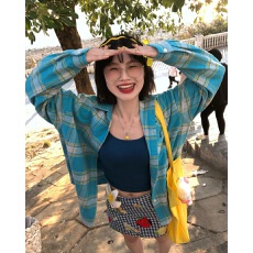 批发【原版1:1适合品质店】彩色红蓝橙色<b class='q'>格子衬衫</b>长袖衬衣多巴胺甜美