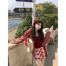 批发【原版1：1适合品质店】彩色红蓝橙色<b class='q'>格子衬衫</b>长袖衬衣多巴胺甜美