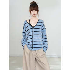 批发原版1:1，前后双面纽扣/蓝色<b class='q'>条纹</b>毛衣女宽松休闲针织衫