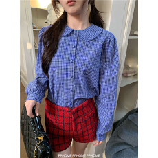 批发【适合品质店铺】蓝色格子<b class='q'>衬衫</b>原布中长款<b class='q'>衬衣</b>