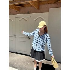 批发【原版1:1，前后双面纽扣】蓝色条纹毛衣女宽松休闲针织衫