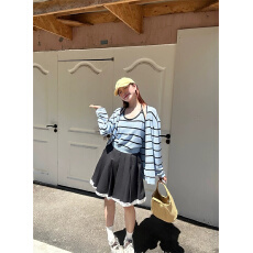 批发原版1:1，前后双面纽扣/蓝色<b class='q'>条纹</b>毛衣女宽松休闲针织衫