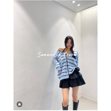 批发原版1:1，前后双面纽扣/蓝色条纹毛衣女宽松休闲针织衫