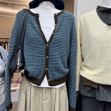 批发原版原色原纱1:1/针织开衫慵懒风韩系氛围感条纹毛衣外套