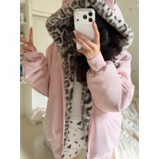 麂皮绒，原版原色原料/实价/粉耳朵豹纹毛绒连帽卫衣加绒开衫加厚