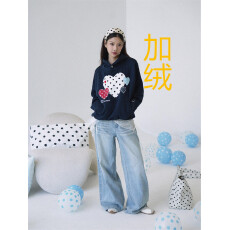 批发原版皮质刺绣/适合品质店/实价爱心波点连帽加绒卫衣宽松套头上衣