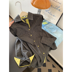 批发原版1:1/经典复古格子衬衫百搭拼接设计宽松休闲长袖上衣外搭