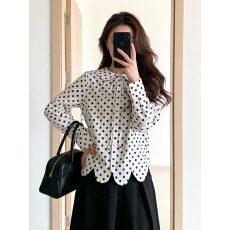 批发走线工整/直播品质/灯芯绒衬衣娃娃领蝴蝶绑带波点下摆花瓣衬衫