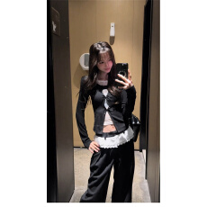 批发原版1:1,直播品质款/韩系假两件镂空蕾丝t恤修身内搭<b class='q'>打底衫</b>上衣