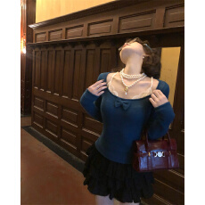 批发原版1:1/“柔欲陷阱”纯欲蝴蝶结蕾丝肩带假两件上衣女甜美内搭