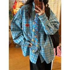 批发原版1:1 雪花洗工艺/星星刺绣长袖衬衫男女秋季宽松<b class='q'>格子</b>百搭上衣