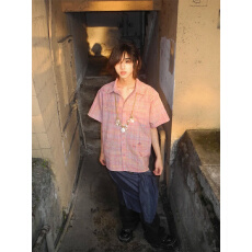 批发原版布刺绣款/走线工整/适合品质店/实价/粉色蓝色格纹短袖衬衫