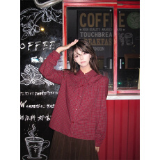 批发原版原料1:1 直播品质/绑带格纹衬衫<b class='q'>韩版</b>小众甜美小个子<b class='q'>长袖</b>衬衣