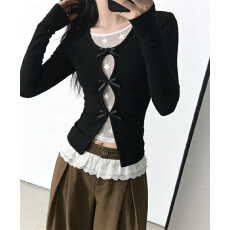 批发原版1:1/直播品质款/实价/韩系假两件镂空蕾丝<b class='q'>t</b><b class='q'>恤</b>修身打底衫上衣