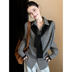 批发假两件披肩竖条纹长袖衬衫女春秋季遮肚中长款上衣