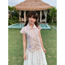 原版1:1直播品质/彩色格子短袖衬衫糖果风减龄刺绣上衣