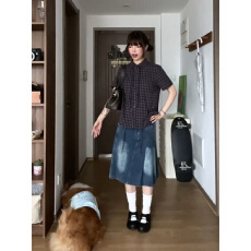 批发原版1:1 品优款/格纹木耳边衬衫短袖抽绳<b class='q'>格子</b>衬衣宽松复古