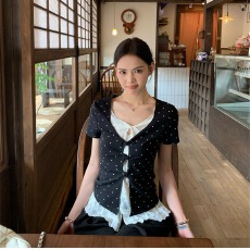 批发原版1:1,直播品质/实价/黑色波点假两件短袖<b class='q'>蕾丝</b>拼接<b class='q'>t</b><b class='q'>恤</b>上衣