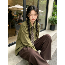 批发适合品质店铺美式复古学院风领带纯色百搭叠穿长袖衬衫衬衣