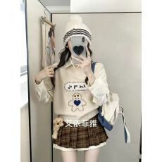 批发2025秋冬圆领针织马甲<b class='q'>衬衫</b>长袖上衣➕格子百褶裙短裙三件套