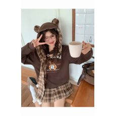 批发织物猪 酥酥<b class='q'>小熊</b> 咖色连帽<b class='q'>卫衣</b>女秋冬围脖设计复古格纹减龄三件套