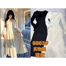 批发Blovelan秋水谣 气质温柔风火鸡毛显瘦大摆长袖拼接针织<b class='q'>连衣裙</b>冬