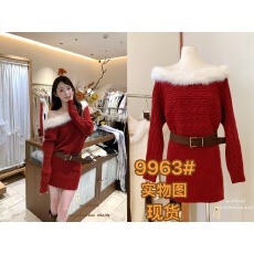 批发圣诞性感辣妹拼仿毛领斜肩修身显瘦毛衣连衣裙配腰带