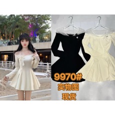 批发法式气质一字肩长袖<b class='q'>连衣裙</b>女秋装2025秋季新款收腰显瘦裙子