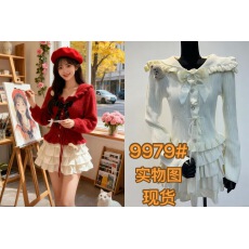 批发圣诞新款娃娃领蝴蝶结毛针织衫女收腰排扣开衫毛衣➕<b class='q'>蓬蓬</b>短<b class='q'>裙套装</b>