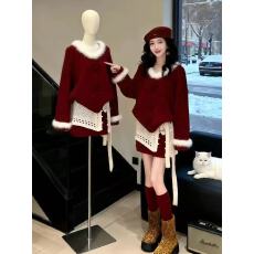 圣诞节穿搭红色套装女冬季温柔风毛绒针织开衫半身短裙屁帘三件套