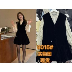 批发新款V领丝绒背心裙<b class='q'>女</b>蕾丝衬衫两件套千金感套装裙