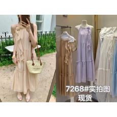 实拍仲夏夜长裙版本飘带花朵木耳边甜美度假风挂脖长裙连衣裙