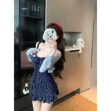 批发甜辣妹套装小个子<b class='q'>碎花</b>裙灰色开衫外套女夏季吊带连衣裙短裙两件套
